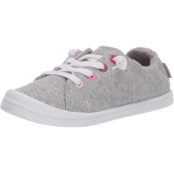 Roxy Girls bayshore III no tie slip on shoe pink & gray slide sneaker faux laces - Picture 2 of 7
